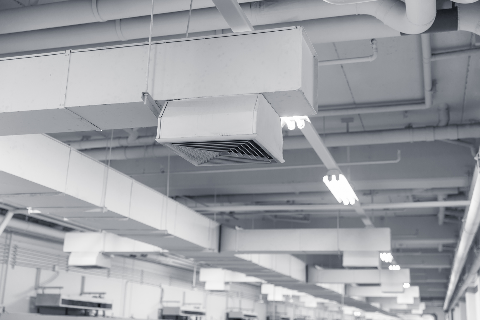 Building interior Air Duct, Air Condition pipe line system Air flow industrial design.